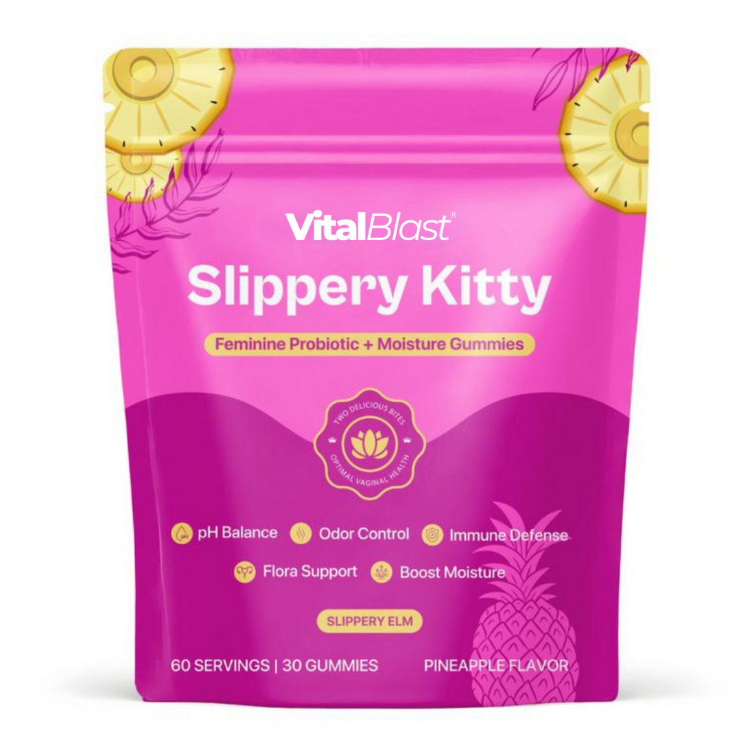 Slippery Kitty Feminine Probiotic + Moisture Gummies - All in One Solution with Slippery Elm 60 Count Pineapple Flavor