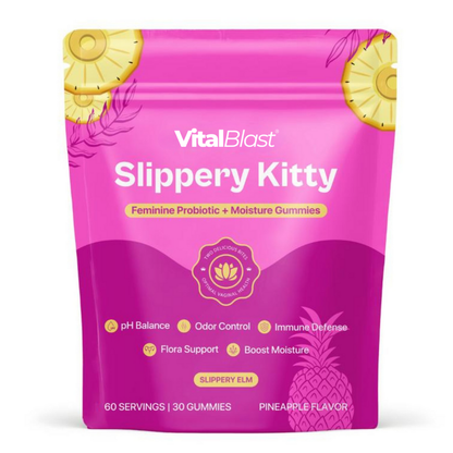 Slippery Kitty Feminine Probiotic + Moisture Gummies - All in One Solution with Slippery Elm 60 Count Pineapple Flavor