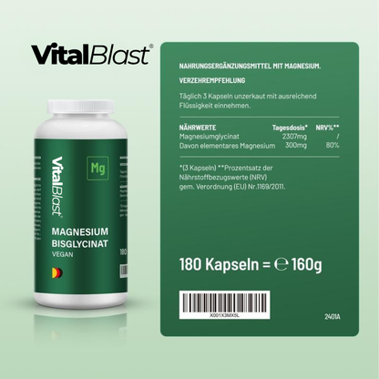 Magnesium Bisglycinat Kapseln - 180 Kapseln/Magnesium Glycinat 270 Kapseln